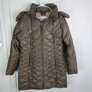 Eddie Bauer Goose Down Coat Womens M EB550 Faux Fur Hood Puffer Bronze Full Zip